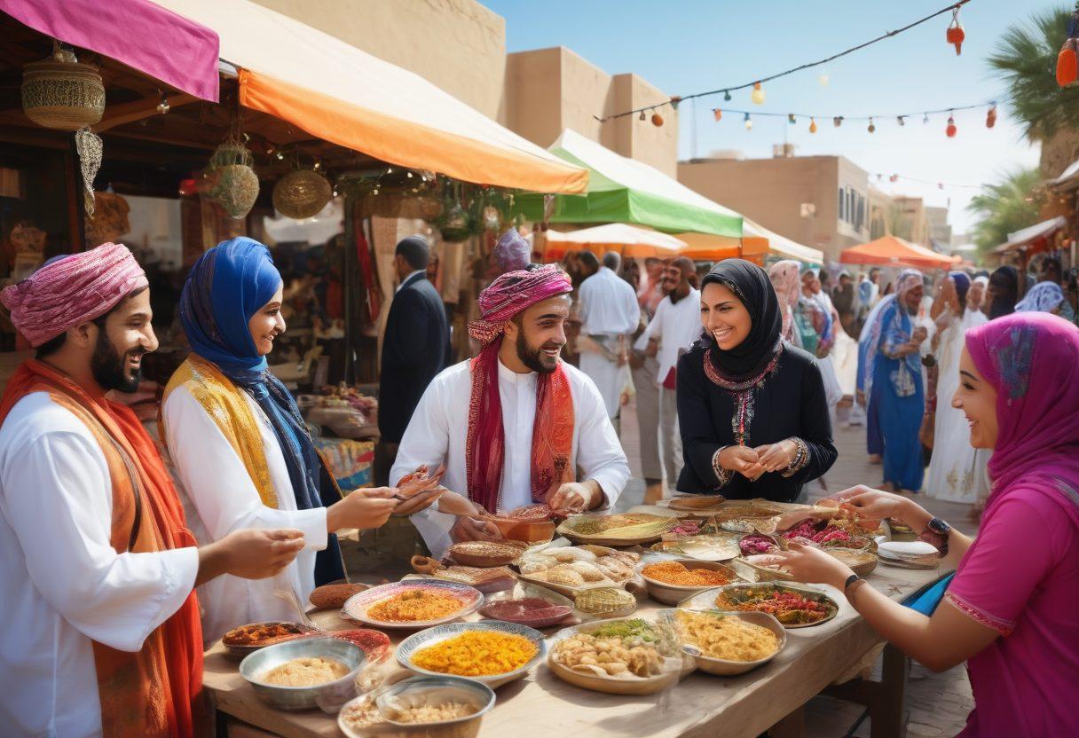 A vibrant community gathering scene featuring diverse Arab American entrepreneurs engaging in lively conversations, exchanging ideas, and showcasing their handmade crafts. Inclusively depicting cultural elements like traditional attire and local cuisine, infused with joy and collaboration. The backdrop should illustrate a bustling marketplace with colorful decorations, embodying the spirit of networking and support. bright colors, super-realistic, bustling atmosphere.