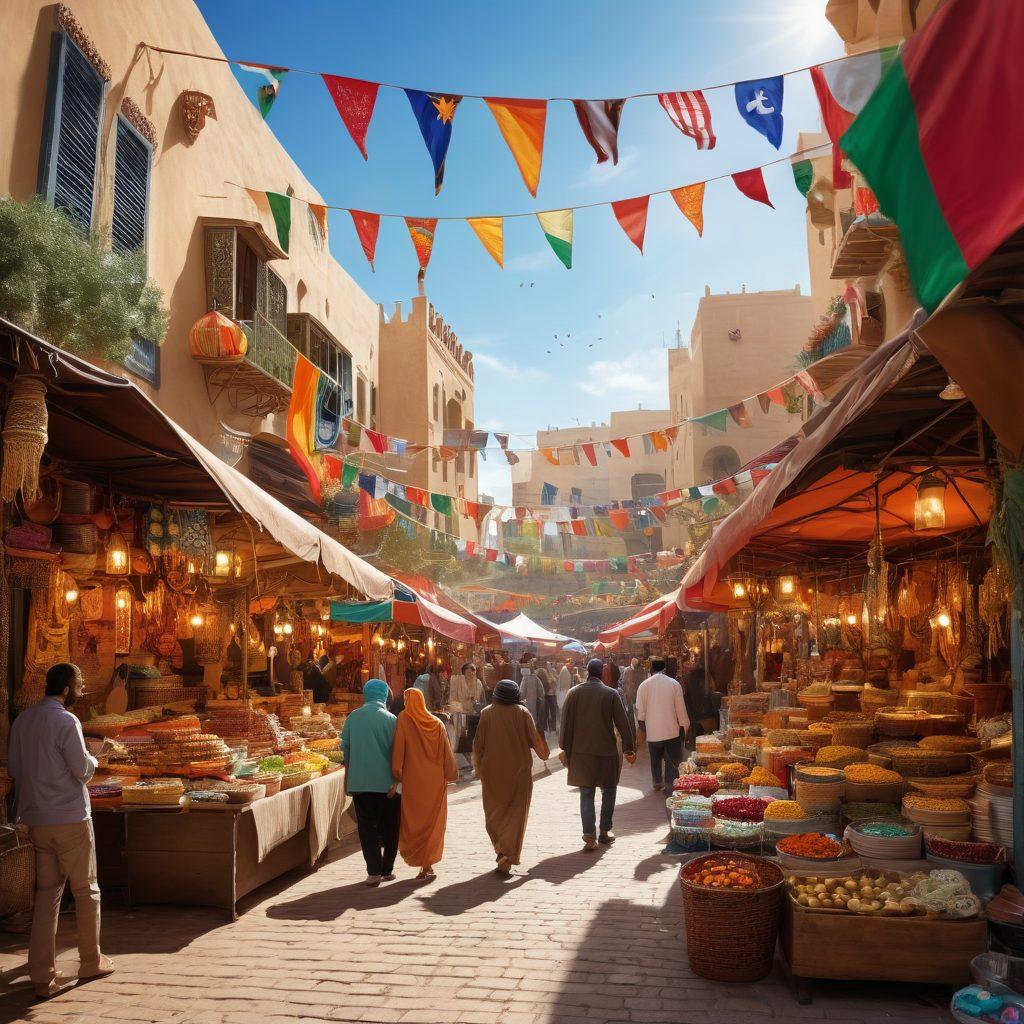 A vibrant marketplace scene showcasing diverse Arab American entrepreneurs engaged in lively interactions with customers. Include colorful stalls filled with traditional foods and handmade crafts, and decorations symbolizing different cultures. Capture joyous expressions and community spirit, with a backdrop of cultural landmarks and flags. super-realistic. vibrant colors. lively atmosphere.