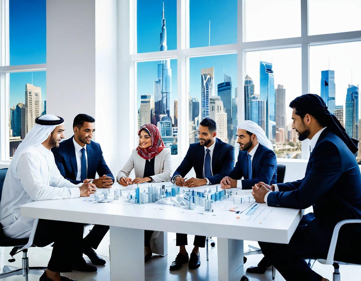 A vibrant scene showcasing diverse Arab American business professionals collaborating over a table filled with blueprints and technology, with a backdrop of modern architecture resembling bridges symbolizing connection and unity. Bright colors to convey energy, with subtle cultural motifs integrated into the design. super-realistic. vibrant colors. white background.